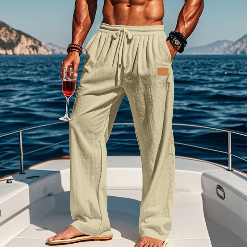 Herren nan lässige Leinen-Relaxhose mit weitem Bein, Tunnelzugbund und tiefen Eingrifftaschen Drune