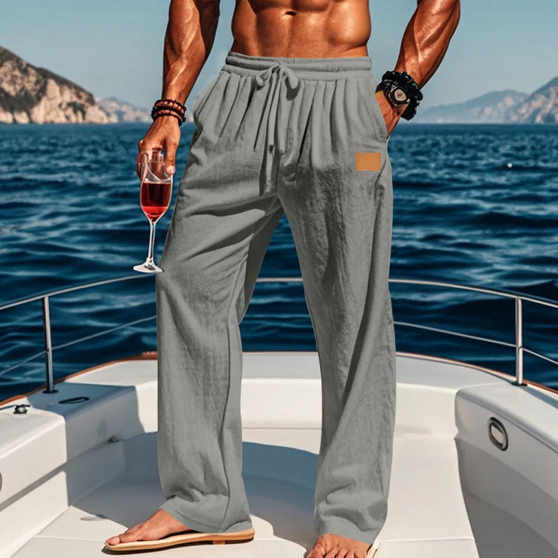 Herren nan lässige Leinen-Relaxhose mit weitem Bein, Tunnelzugbund und tiefen Eingrifftaschen Drune