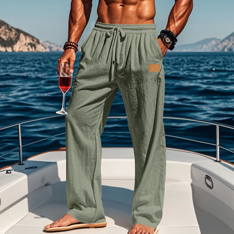Herren nan lässige Leinen-Relaxhose mit weitem Bein, Tunnelzugbund und tiefen Eingrifftaschen Drune