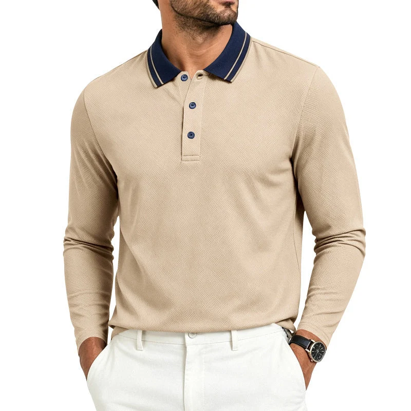 Herren nan langärmliges Piqué-Poloshirt mit Kontrastkragen und Dreiknopfleiste Drune