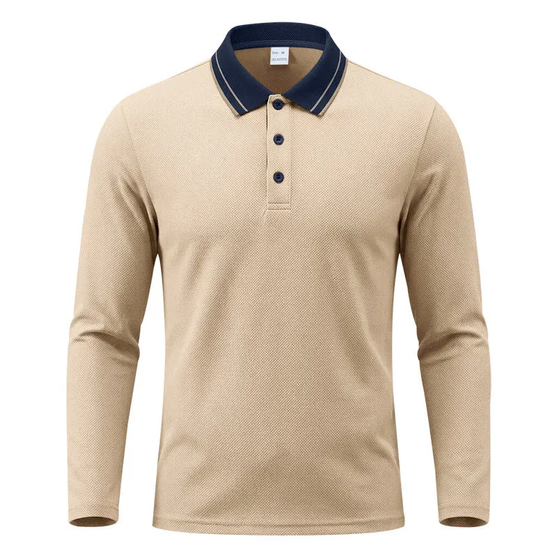 Herren nan langärmliges Piqué-Poloshirt mit Kontrastkragen und Dreiknopfleiste Drune