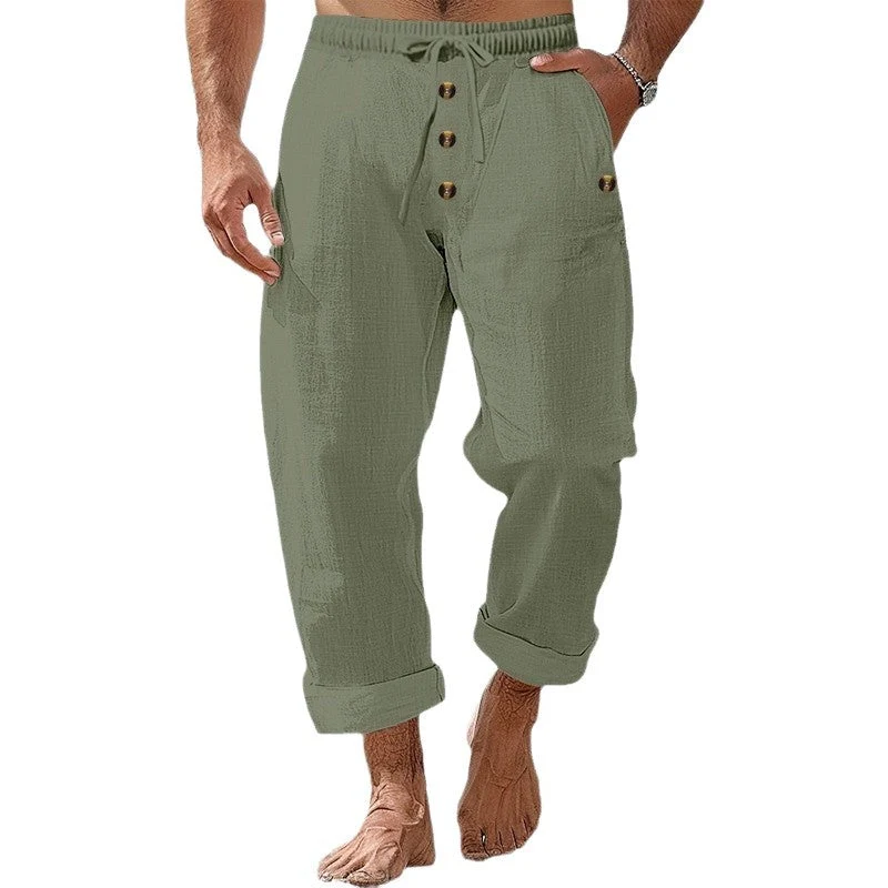 Herren nan lässige atmungsaktive Leinenhose mit Kordelzug Knopfleiste und aufgerollten Bündchen Drune