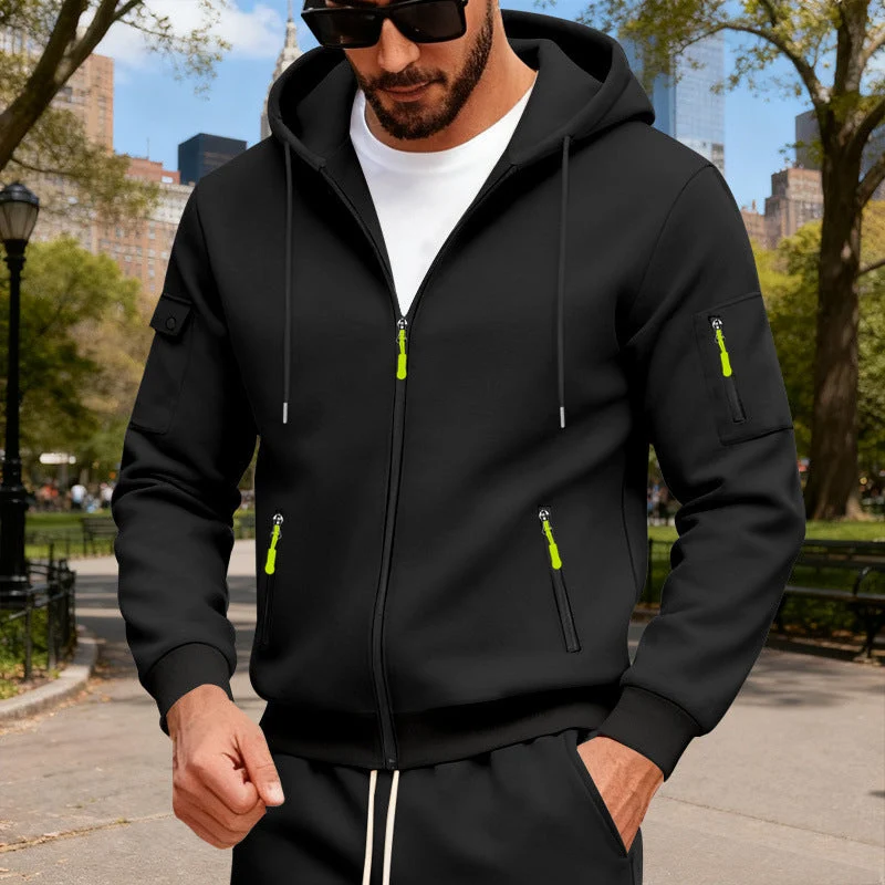 Herren nan Kapuzen-Sweatjacke mit durchgehendem Reißverschluss, mehreren Reißverschlusstaschen und Ärmel-Pocket Drune