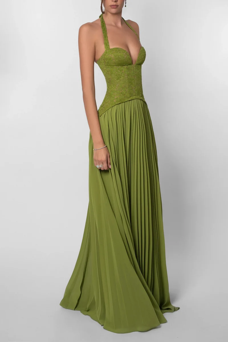 Grünes Faltenkorsettkleid Damen | Langes Abendkleid