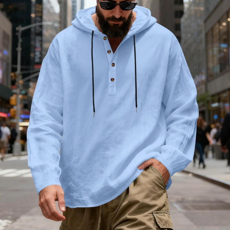 Herren nan Henley-Kapuzenpullover mit Knopfleiste und verstellbarem Kordelzug Drune