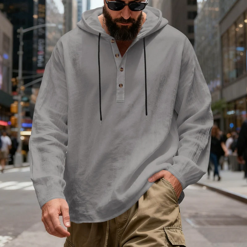 Herren nan Henley-Kapuzenpullover mit Knopfleiste und verstellbarem Kordelzug Drune