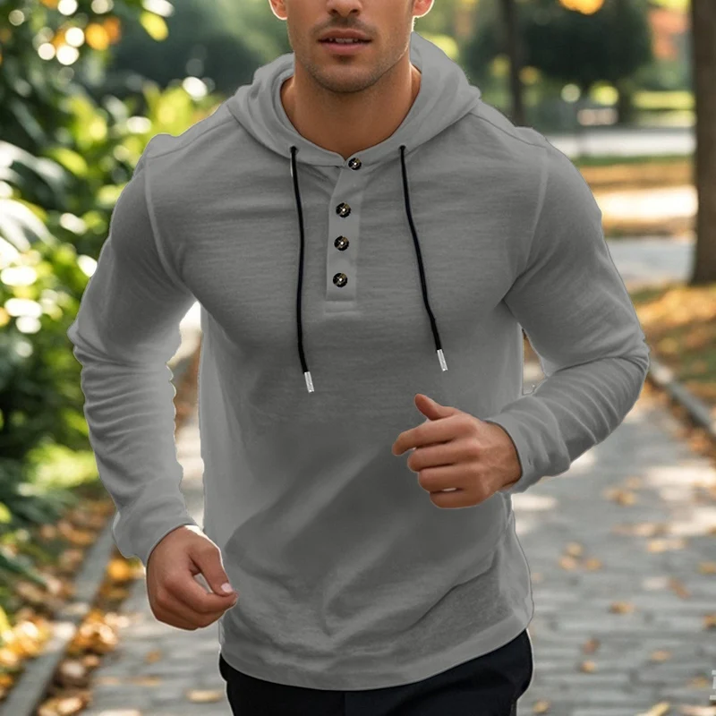Herren nan Henley-Kapuzenpullover mit Knopfleiste und verstellbarem Kordelzug Drune