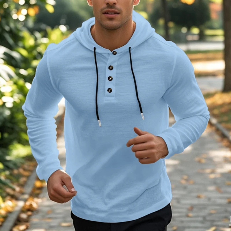 Herren nan Henley-Kapuzenpullover mit Knopfleiste und verstellbarem Kordelzug Drune