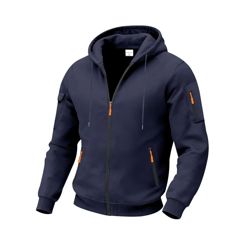 Herren nan funktionale Kapuzen-Sweatjacke mit durchgehendem Reißverschluss, Ärmeltasche und wasserabweisenden Reißverschlüssen Drune