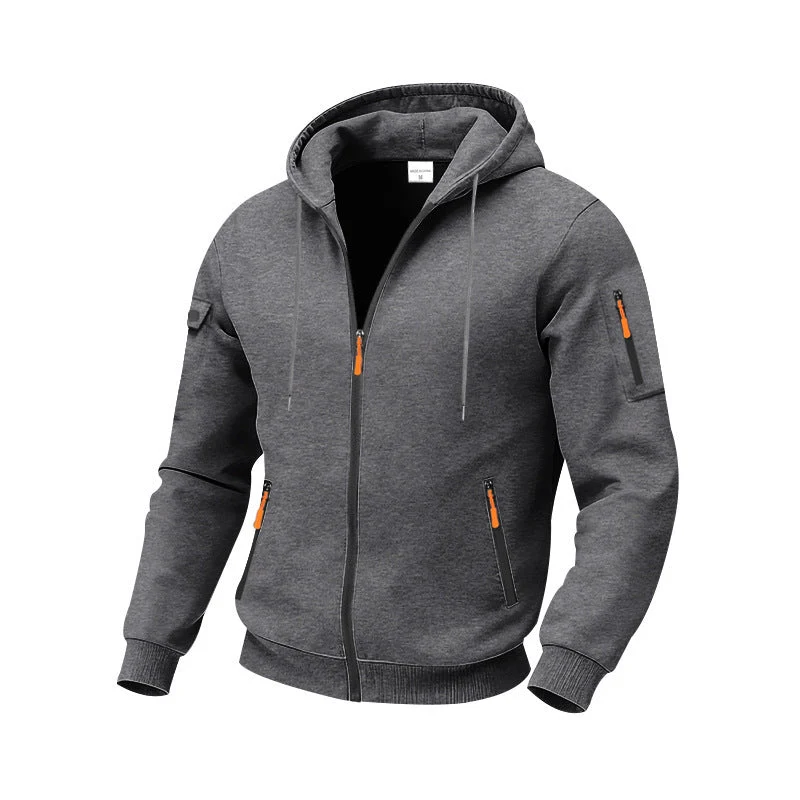 Herren nan funktionale Kapuzen-Sweatjacke mit durchgehendem Reißverschluss, Ärmeltasche und wasserabweisenden Reißverschlüssen Drune