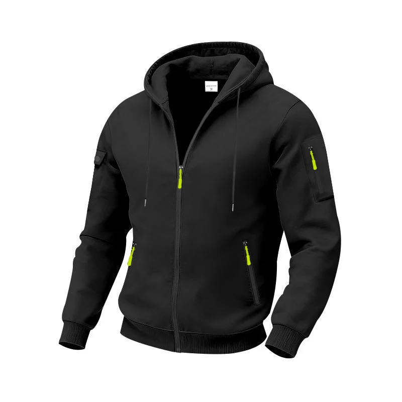 Herren nan funktionale Kapuzen-Sweatjacke mit durchgehendem Reißverschluss, Ärmeltasche und wasserabweisenden Reißverschlüssen Drune