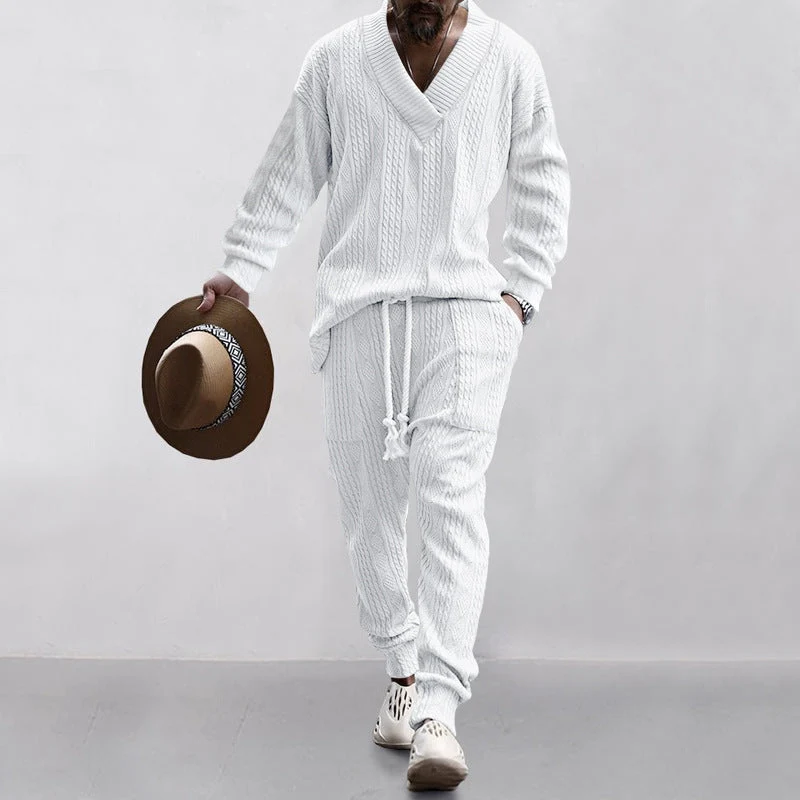 Herren nan gestricktes Lounge-Set mit V-Ausschnitt, Kabelstruktur und Kordelzug-Jogginghose Drune