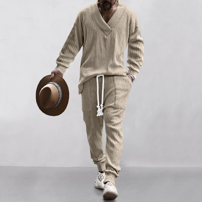 Herren nan gestricktes Lounge-Set mit V-Ausschnitt, Kabelstruktur und Kordelzug-Jogginghose Drune