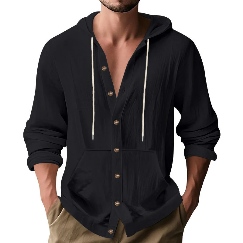 Herren nan figurbetonte Kapuzenhemd-Jacke aus Baumwollmix mit Druckknopfleiste und Kängurutasche Drune
