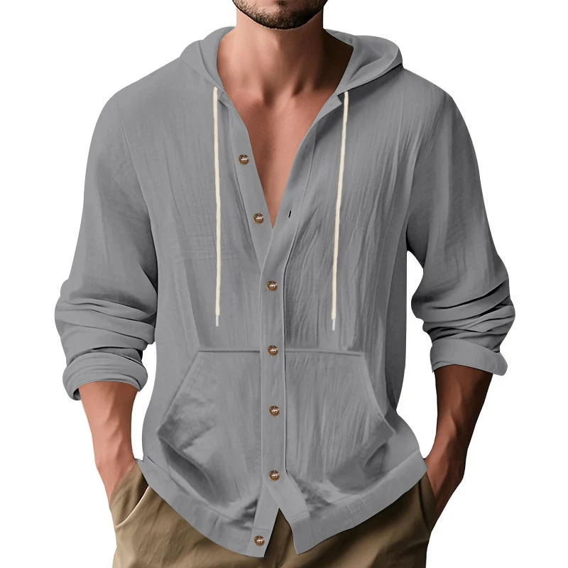 Herren nan figurbetonte Kapuzenhemd-Jacke aus Baumwollmix mit Druckknopfleiste und Kängurutasche Drune