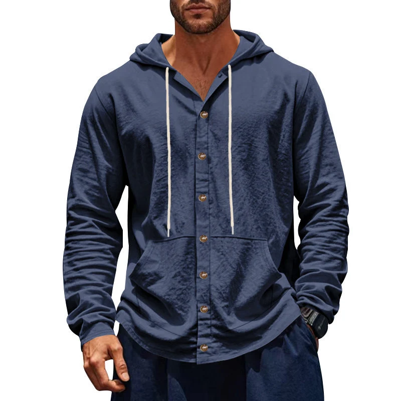 Herren nan figurbetonte Kapuzenhemd-Jacke aus Baumwollmix mit Druckknopfleiste und Kängurutasche Drune