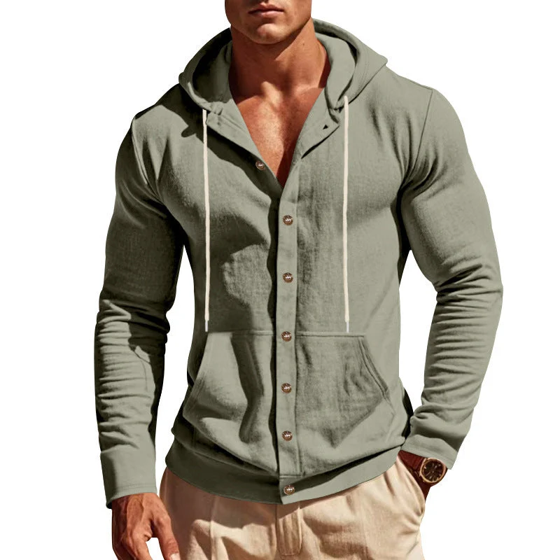 Herren nan figurbetonte Kapuzenhemd-Jacke aus Baumwollmix mit Druckknopfleiste und Kängurutasche Drune