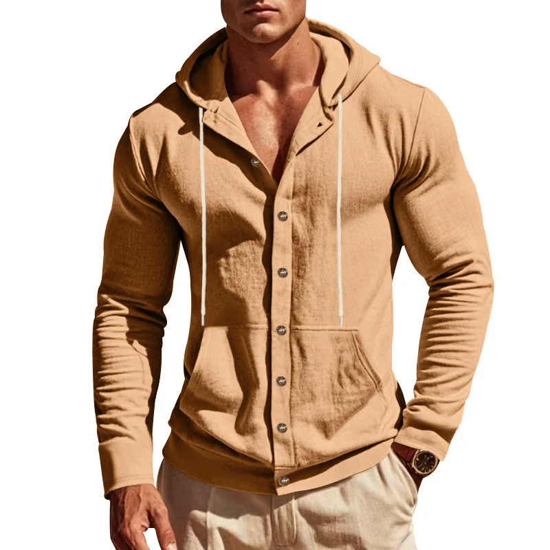 Herren nan figurbetonte Kapuzenhemd-Jacke aus Baumwollmix mit Druckknopfleiste und Kängurutasche Drune