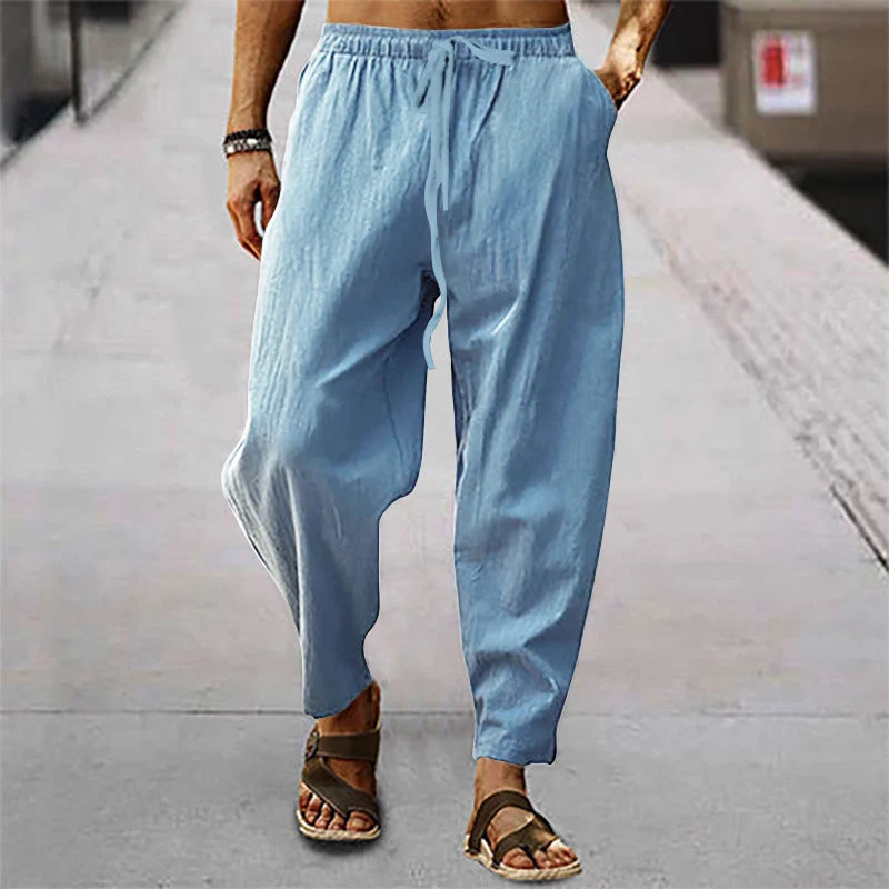 Herren nan entspannte Harem-Loungehose aus Leinenmix mit weitem Bein, elastischem Bund, Kordelzug und seitlichen Eingrifftaschen Drune