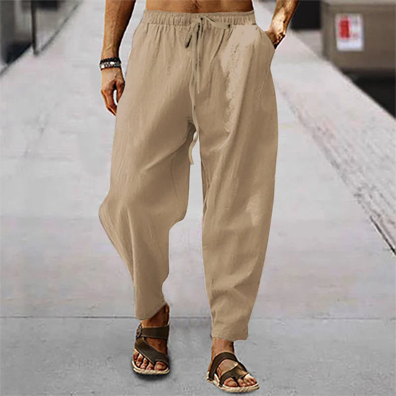 Herren nan entspannte Harem-Loungehose aus Leinenmix mit weitem Bein, elastischem Bund, Kordelzug und seitlichen Eingrifftaschen Drune