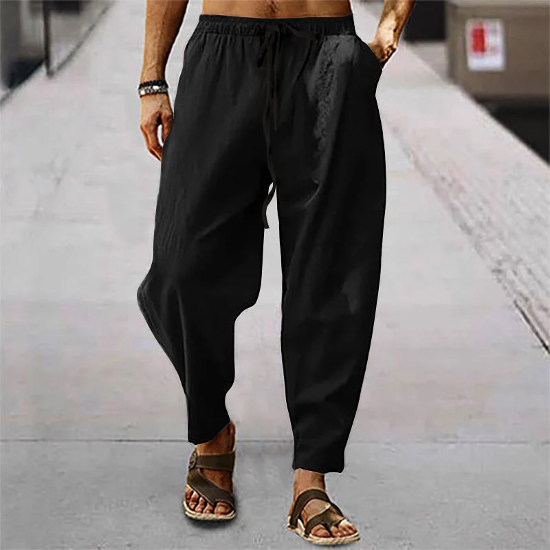 Herren nan entspannte Harem-Loungehose aus Leinenmix mit weitem Bein, elastischem Bund, Kordelzug und seitlichen Eingrifftaschen Drune