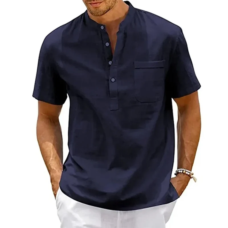 Baumwolle Leinen Henley Hemd Herren | Kurzarm Vintage Hemd