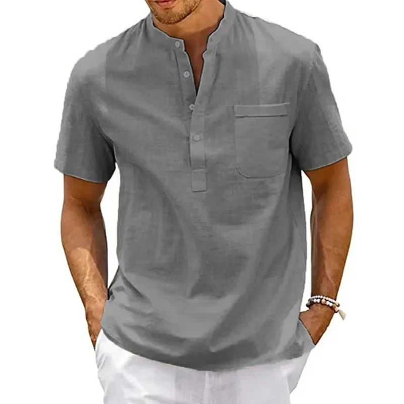 Baumwolle Leinen Henley Hemd Herren | Kurzarm Vintage Hemd