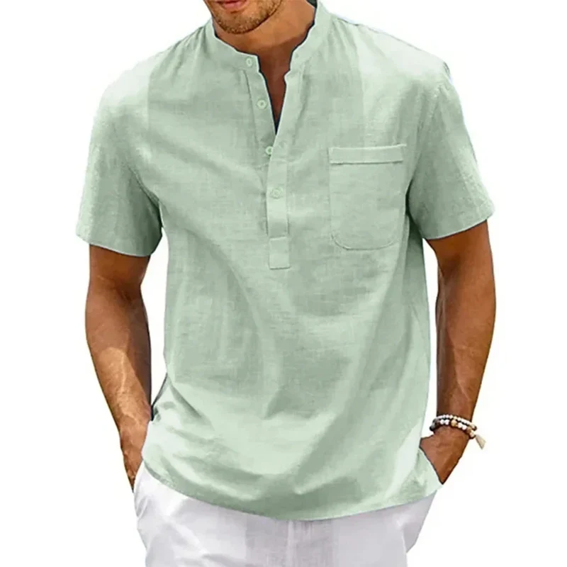 Baumwolle Leinen Henley Hemd Herren | Kurzarm Vintage Hemd