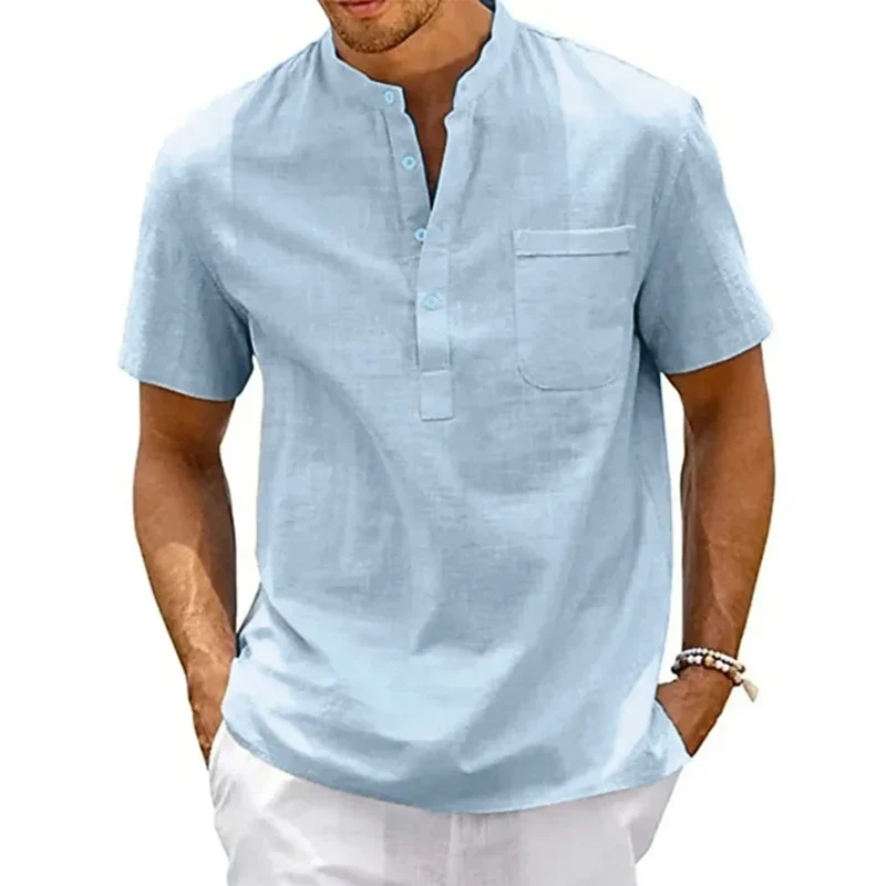 Baumwolle Leinen Henley Hemd Herren | Kurzarm Vintage Hemd