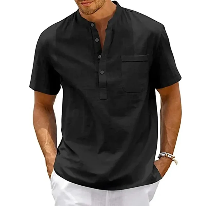 Baumwolle Leinen Henley Hemd Herren | Kurzarm Vintage Hemd