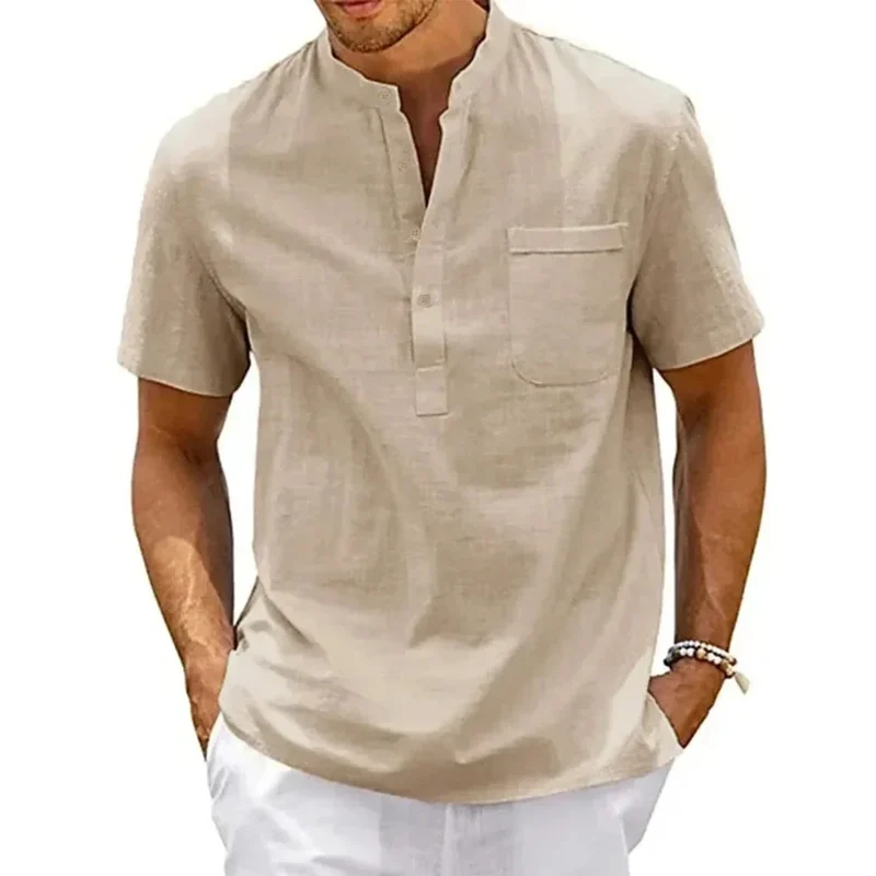 Baumwolle Leinen Henley Hemd Herren | Kurzarm Vintage Hemd