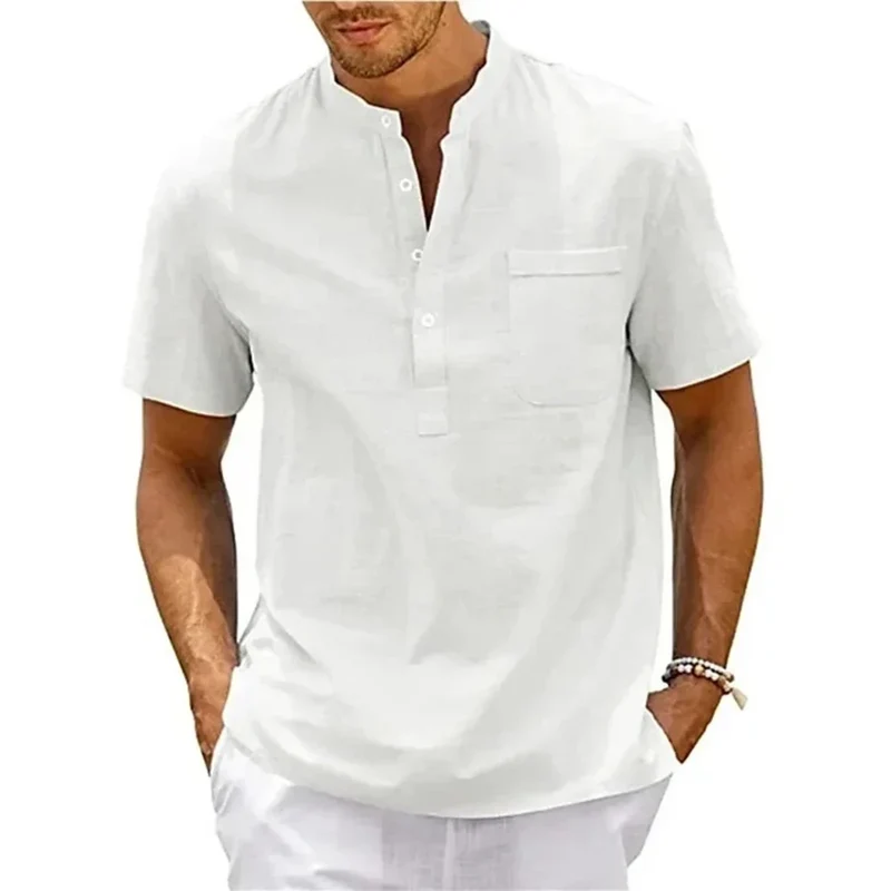 Baumwolle Leinen Henley Hemd Herren | Kurzarm Vintage Hemd
