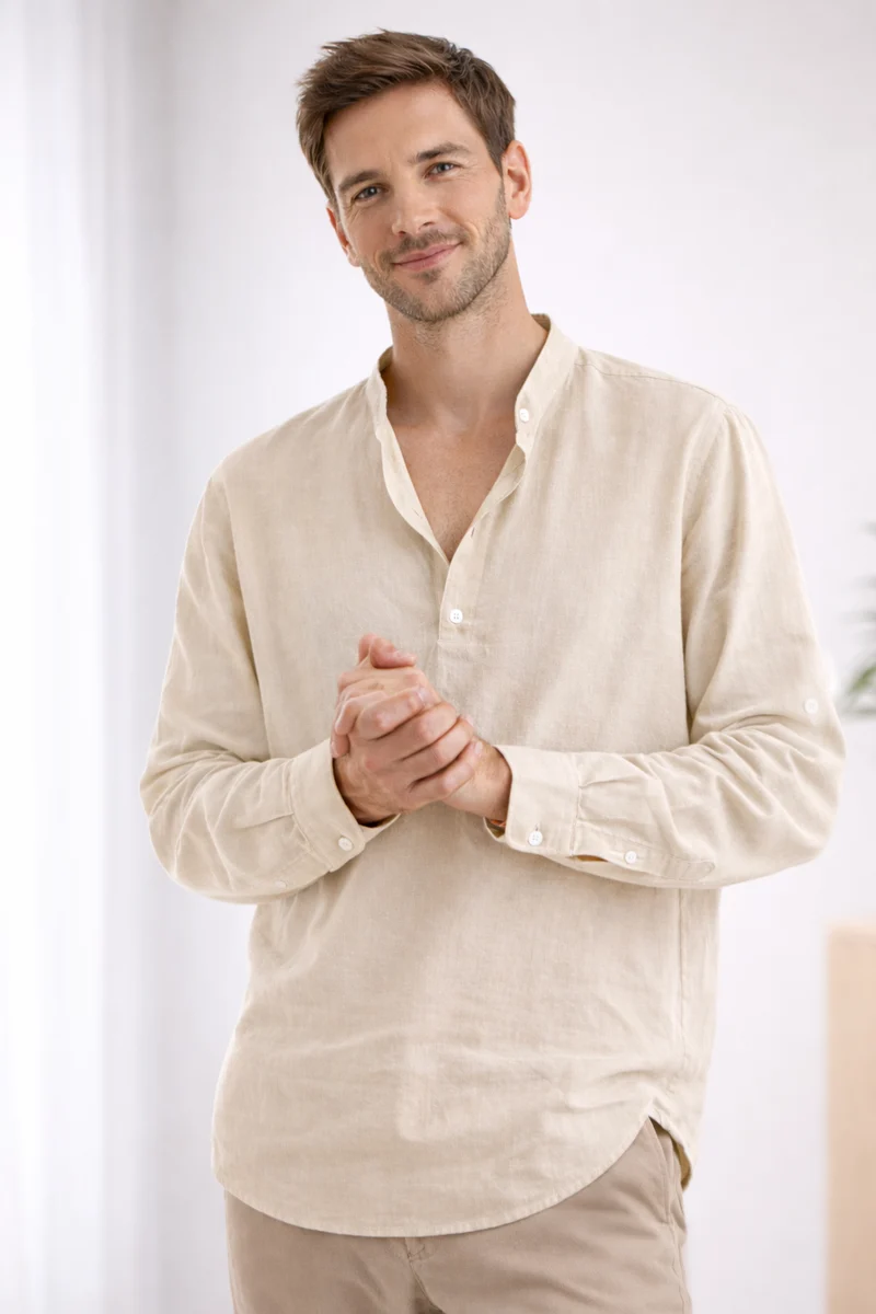 Camicia elegante da uomo | Henley a manica lunga con collo alla coreana