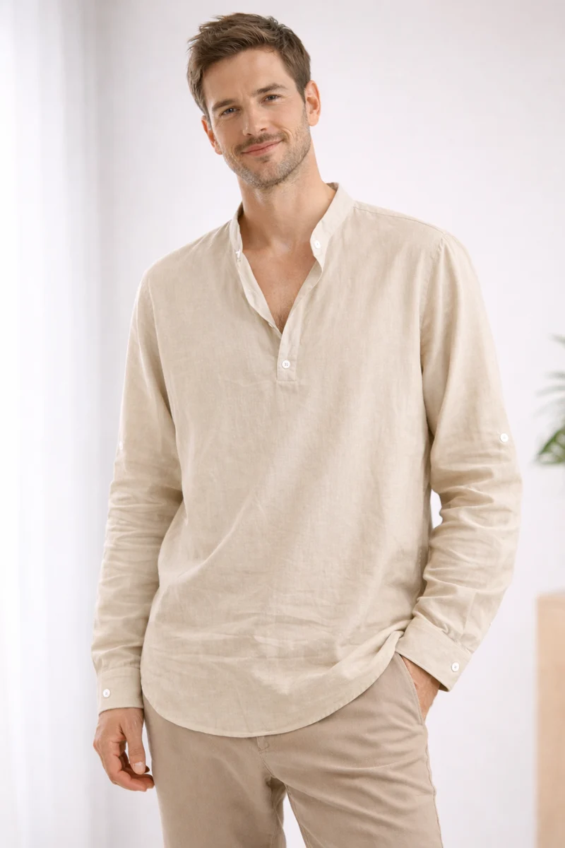 Camicia elegante da uomo | Henley a manica lunga con collo alla coreana