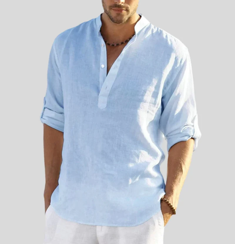 Camicia elegante da uomo | Henley a manica lunga con collo alla coreana
