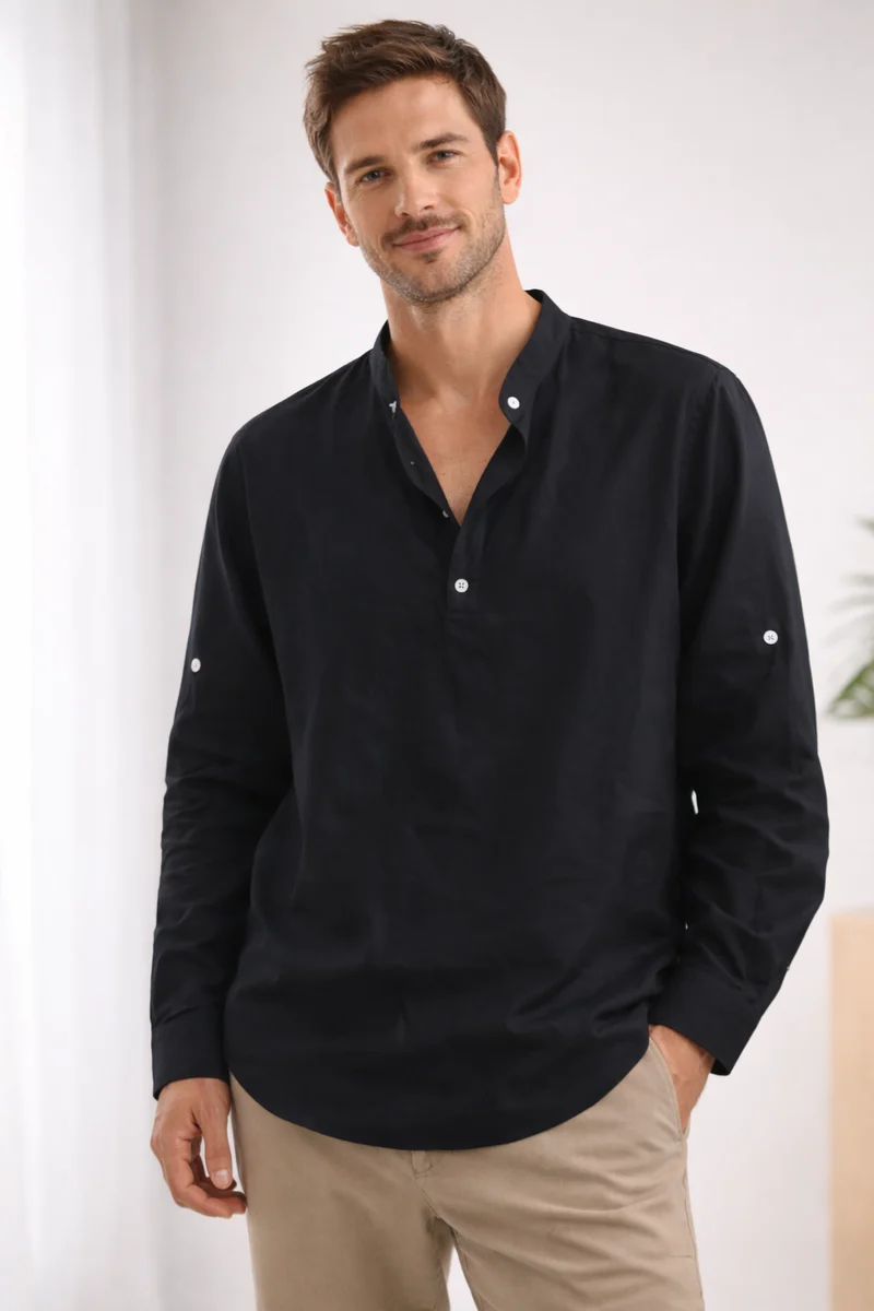 Camicia elegante da uomo | Henley a manica lunga con collo alla coreana