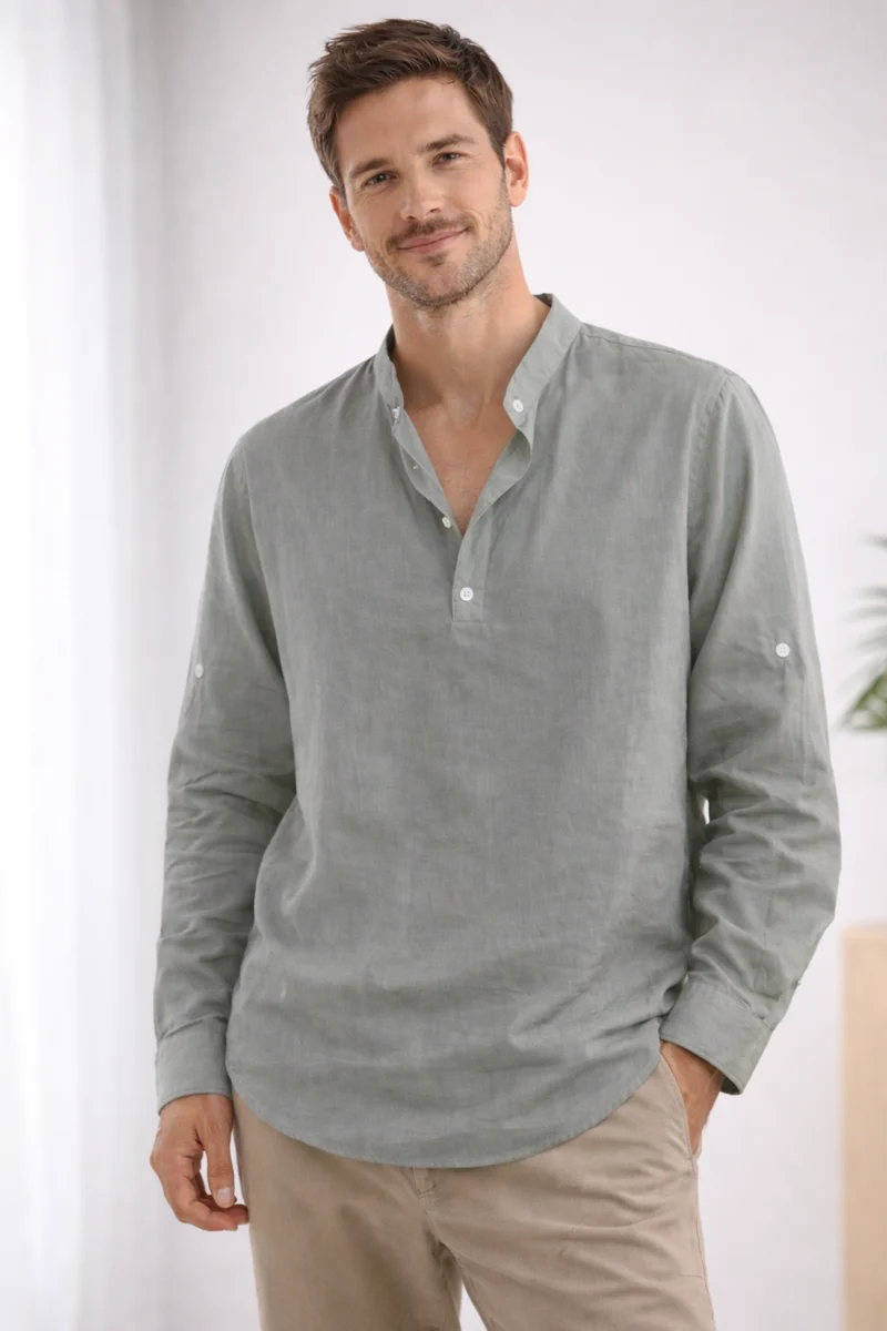 Camicia elegante da uomo | Henley a manica lunga con collo alla coreana