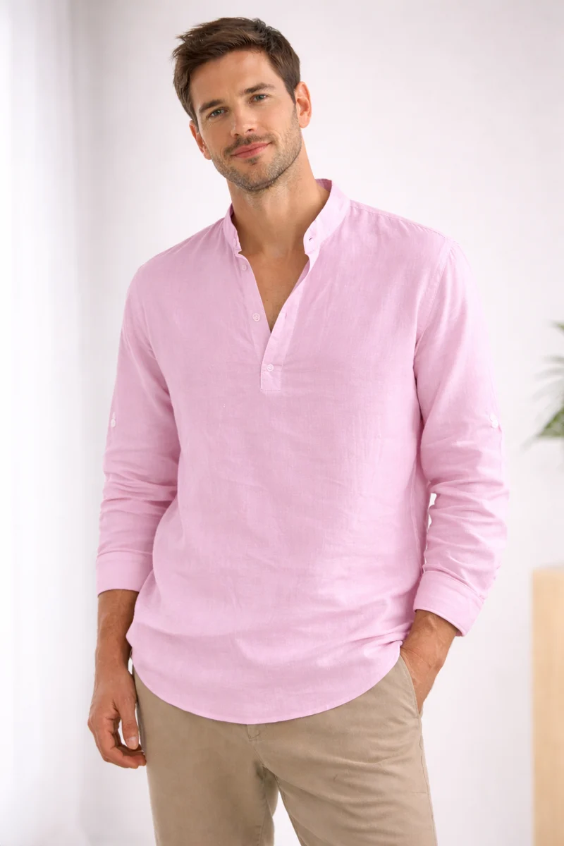 Camicia elegante da uomo | Henley a manica lunga con collo alla coreana