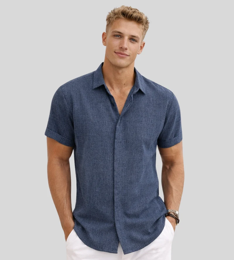 Camicia da uomo in lino manica corta vestibilità ariosa camicia estiva