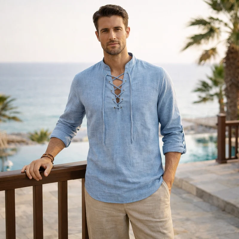 Camicia con lacci e scollo a V da uomo | Camicia estiva da uomo
