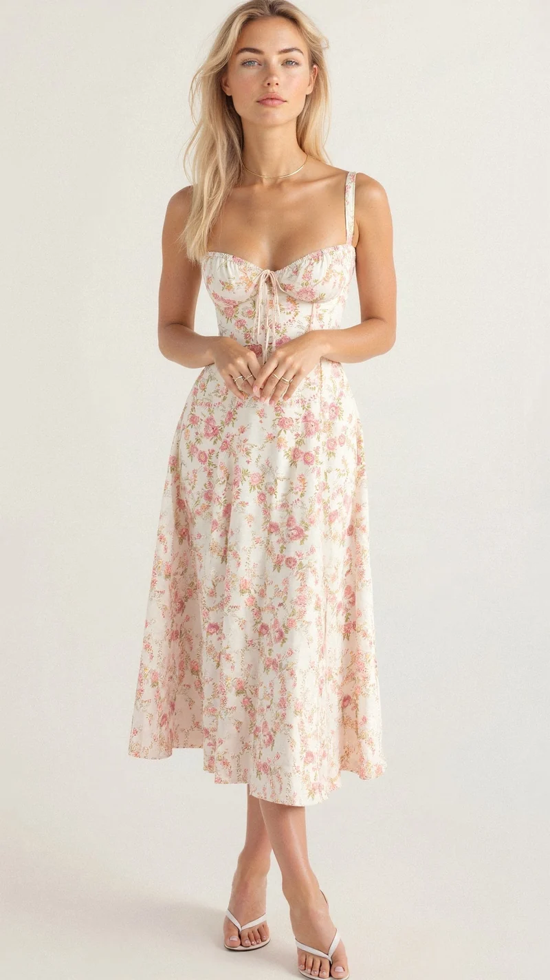 Cerene | Geblümtes Midikleid mit Korsett-Mieder für Damen