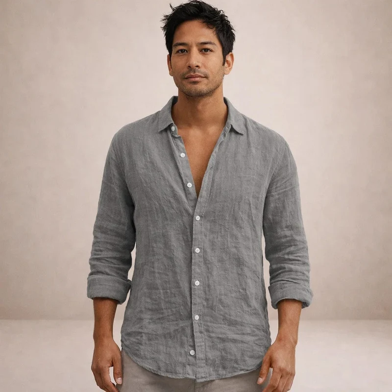Camicia da uomo in lino regular fit colletto aperto manica lunga