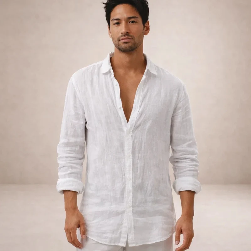 Camicia da uomo in lino regular fit colletto aperto manica lunga