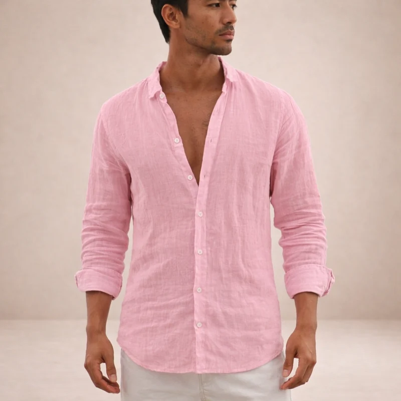 Camicia da uomo in lino regular fit colletto aperto manica lunga