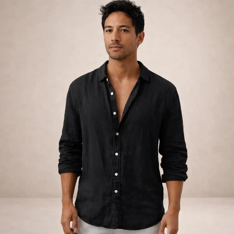 Camicia da uomo in lino regular fit colletto aperto manica lunga