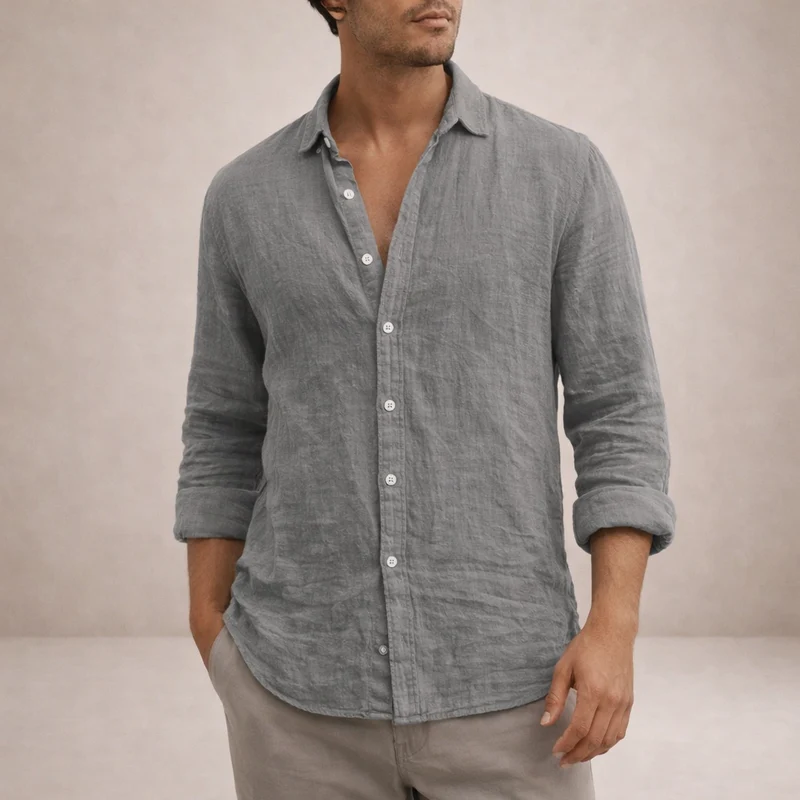 Camicia da uomo in lino regular fit colletto aperto manica lunga