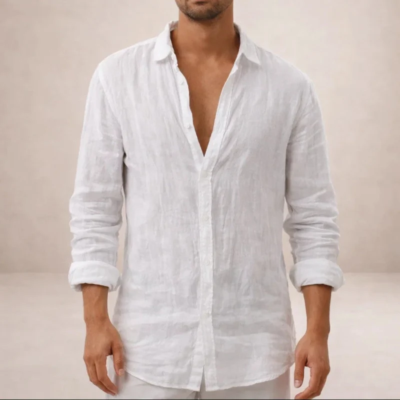 Camicia da uomo in lino regular fit colletto aperto manica lunga