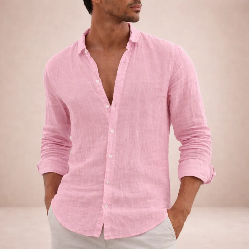 Camicia da uomo in lino regular fit colletto aperto manica lunga