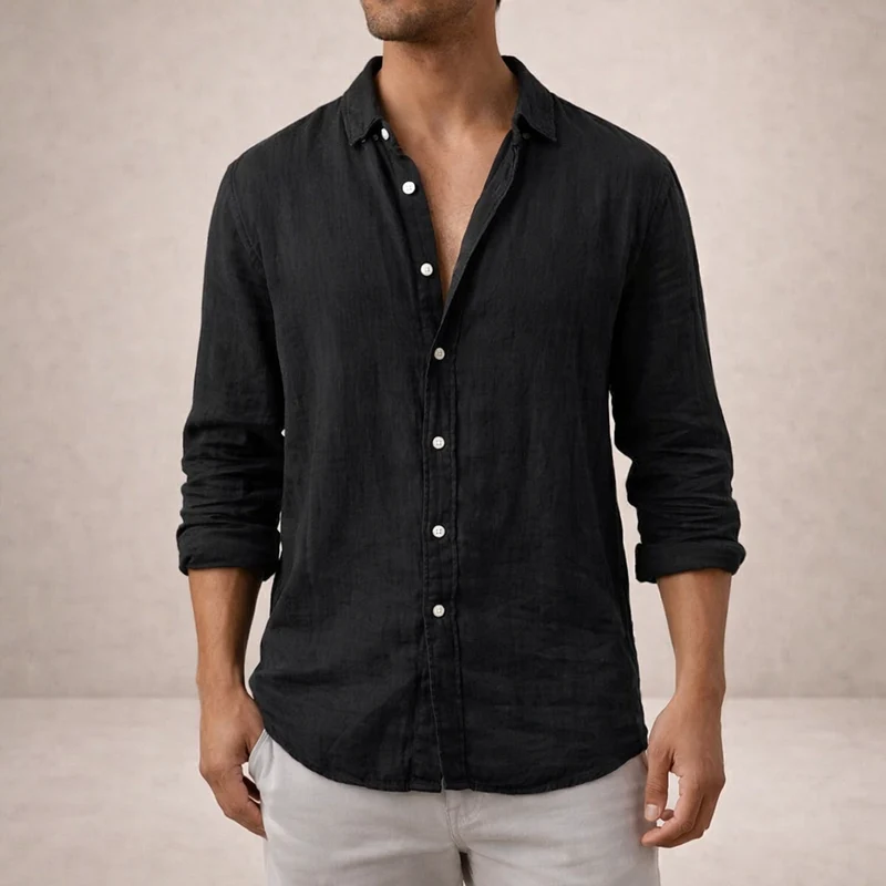 Camicia da uomo in lino regular fit colletto aperto manica lunga