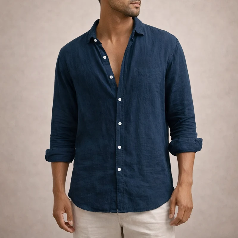 Camicia da uomo in lino regular fit colletto aperto manica lunga